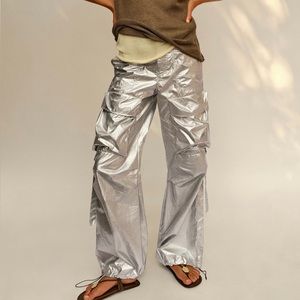 ZARA - SHINY CARGO PANTS - SILVER - SIZE MEDIUM